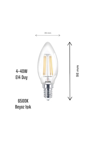 Ecolite 4w Led Filament Mum Ampul, E14 Duy, 6500k Beyaz Işık, 470 Lümen, Şeffaf Cam, Akkor Görünümlü Dekoratif L Diğer