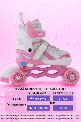 Melek Kanatlı Işıklı Çocuk Pateni Ve Dizlik Seti Silikon Teker Ayarlanabilir Paten Çantalı Pembe Pembe