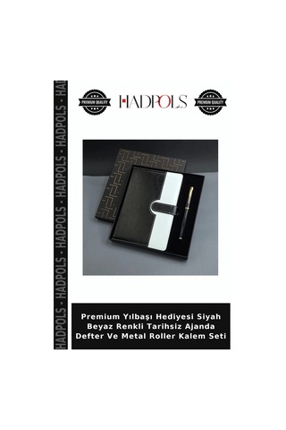 Premium Yılbaşı Hediyesi Siyah Beyaz Renkli Tarihsiz Ajanda Defter Ve Metal Roller Kalem Seti Siyah - Beyaz
