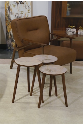 Madrid 3'lü Zigon Sehpa %100 Mdf Yuvarlak Buz Gri Mermer Desen