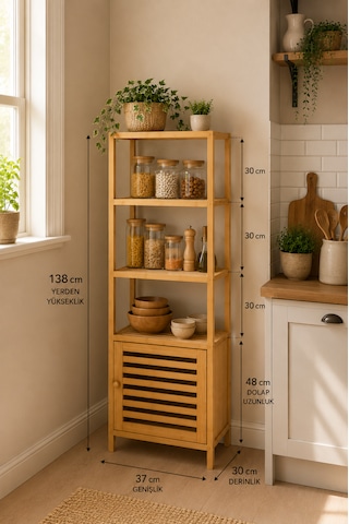 Robin Home Bambu Tek Kapaklı 4 Raflı Çok Amaçlı Düzenleyici Organizer Dolap Bej