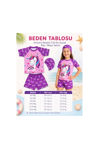 Rony Pony Kids Kız Çocuk 3 Lü Plaj Takımı Deniz Kızı Desenli Mayo Seti Bone Şortlu Mor Pembe