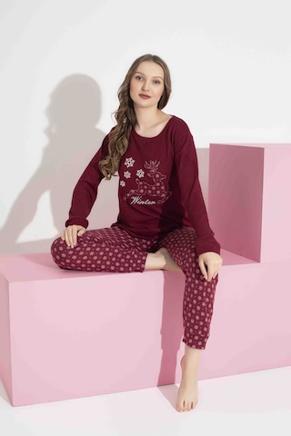 Aygebu Tarık Kadın Bordo Geyikli Desen Anne Kız Kombin Termal Kışlık Sıcak Tutan Yumuşak Pijama Takımı