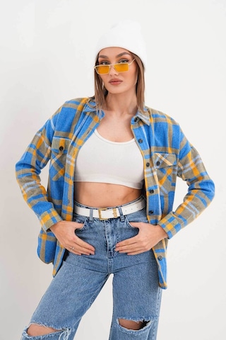 Polologin Butik Kadın Oduncu Mavi Sarı Çizgili Cepli Spor Kesim Gömlek Mavi