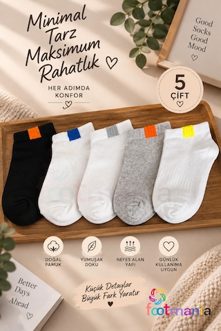 Footmania 5 Çift Kadın Yazlık Spor Patik Çorap Seti Beyaz