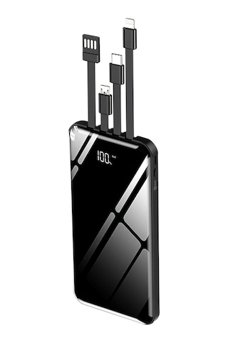 10.000 Mah Prime Dijital Göstergeli Dahili Çoklu Kablolu Powerbank, Taşınabilir Siyah Şarj Siyah