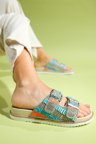 Luvishoes Lanso Bej Taşlı Çift Bantlı Kadın Terlik Bej