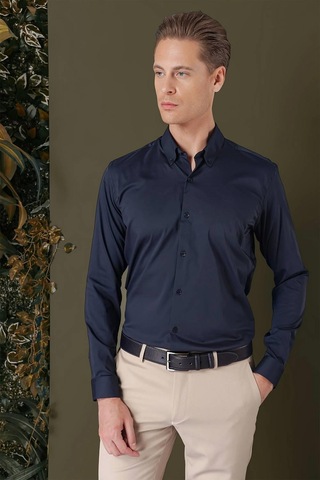Efor Slim Fit Düğmeli Yaka Esnek Pamuk Klasik Lacivert Gömlek Gk 708 Lacivert