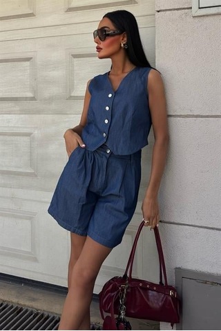 Gümüş Düğmeli Yelek Ve Şort Tensel Takım 10174 Koyumavi