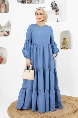 Neways 6510 - Fırfırlı Büzgülü Elbise Mavi