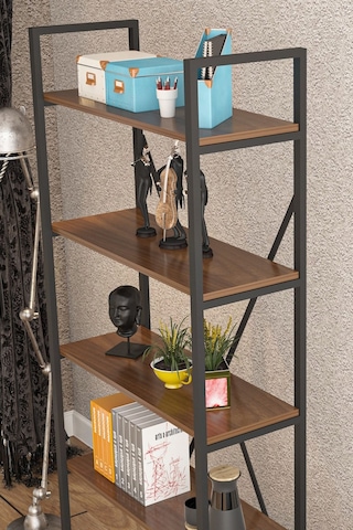 Wood House - Deniz Metal 5 Raflı Kitaplık-ceviz