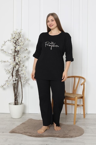 Fames Pijama Fitilli Kaşkorse Pamuklu Ispanyol Paça Yeni Sezon Büyük Beden Ev Giyim Siyah