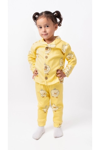 Kruvaze Yaka %100 Pamuk Önden Düğmeli Mevsimlik Ünisex Bebek Ve Çocuk Pijama Takımı 4bb2 Sarı