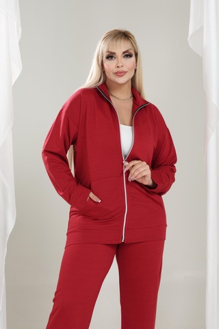Kadın Büyük Beden Fermuarlı Uzun Kollu Rahat Günlük Eşofman Takım Bordo
