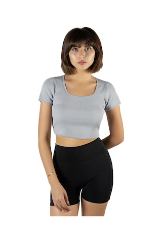 Terapi Men Açık Gri Havuz Yaka Fitted/vücuda Oturan Kısa Kol Crop Tişört Açık Gri