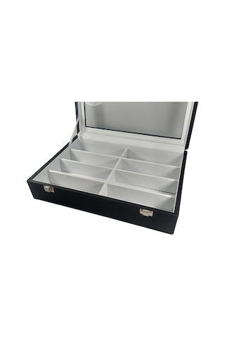 Özer Kutu Camlı Kapaklı 8 Bölmeli Gözlük Kutusu,takı Kutusu Ve Çantası Siyah /beyaz İçi Deri