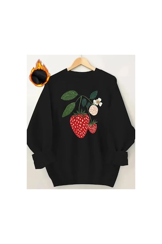 Herkesemoda Çilek Baskı Detaylı Bisiklet Yaka Sweatshirt Siyah
