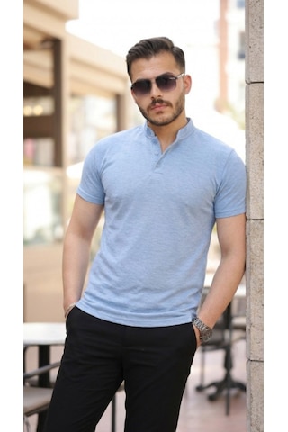 Efnaz Style Erkek Hakim Yaka Dokuma Pamuklu Kumaş Kısa Kollu Tişört Bebe Mavisi