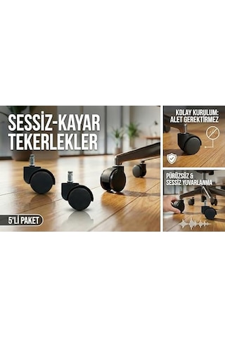 Sempre 5'li Set Ofis Sandalye Tekerleği - Parke Ve Halı Dostu - 360 Döner, Ofis Koltuğu Tekeri - Standart 11 Pin 50mm Çapında Geçmeli Siyah