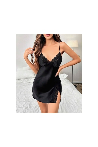 Lily Bianca Nightwear Göğüs Kısmı Dantel Detaylı Yırtmaçlı Saten Gecelik Siyah