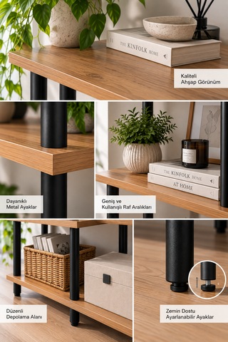 Modern 4 Raflı Kitaplık Salon Düzenleyici Metal Ayaklı Dekoratif Kitaplık Ve Çok Amaçlı Raf Ünitesi Çam