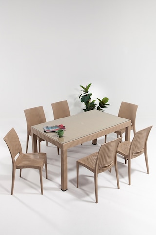 Rattan Large Camlı Cappucino Masa Takımı Bahçe&balkon 1 Camlı Masa + 6 Sandalye Kahverengi
