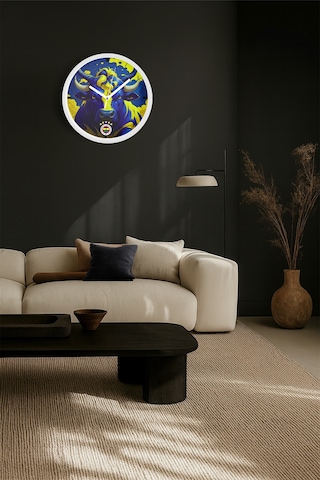 Fenerbahçe Tasarımlı Modern Duvar Saati - 30cm - Önü Camlı Beyaz Kasa - Sessiz Mekanizma Beyaz