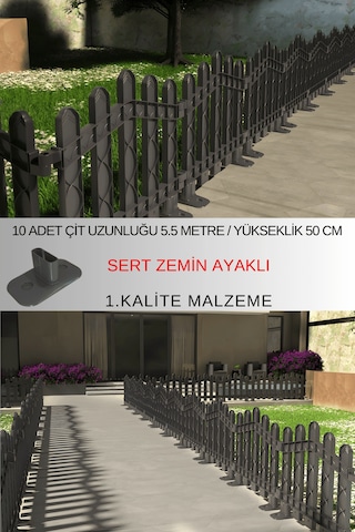 Dekoratif Plastik Alan Oluşturma Ve Bahçe Çiti 10 Adet Çit Y: 50 Cm / G: 5.5 M Sert Zemin Ayaklı - Antrasit Gri