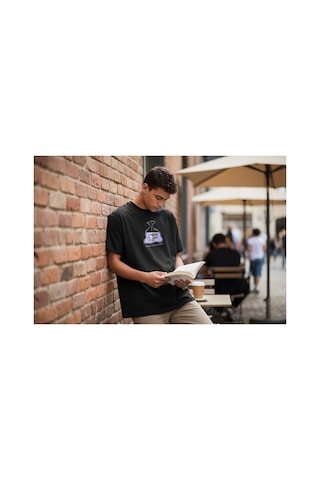 Urbantrendstore Unisex Balık Desen Baskılı Casual İçin Sade Basic Yazlık Siyah Tshirt Oversize Fit Rahat Geniş Salaş T-shirt Günlük Tişört Siyah