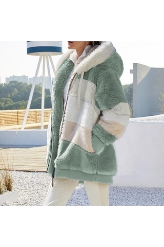 Kış Kadın Moda Kapşonlu Sıcak Gevşek Ceket Kadınlar İçin Patchwork Giyim Fermuar Bayanlar Artı Boyutu Kazak Yeşil