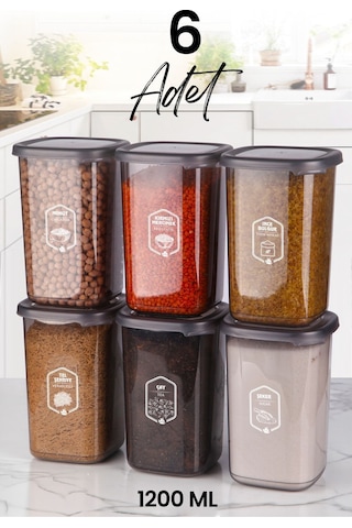 Kitchen Life 6'lı Etiketli Square Kare Erzak Saklama Kabı Seti 1200 ML - Sert Kapaklı Düzenleyici Kavanoz Antrasit - Siyah