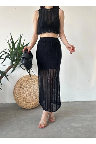 Ersefa Moda Ajurlu Bisiklet Yaka Casual Günlük Ekru %100 Pamuk Ajurlu De siyah