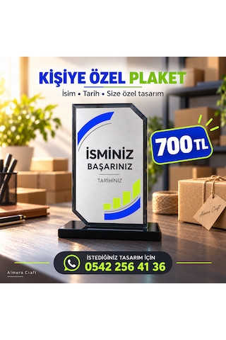 Kişiye Özel Füme Kristal Cam Plaket 12x19 Cm İsimli Ve Tarihli Başarı Ödülü Almera Craft 12 19