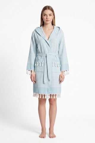 Kapşonlu Unisex Peştemal Plaj Bornozu %100 Pamuklu Seaside Stripe Turkuaz