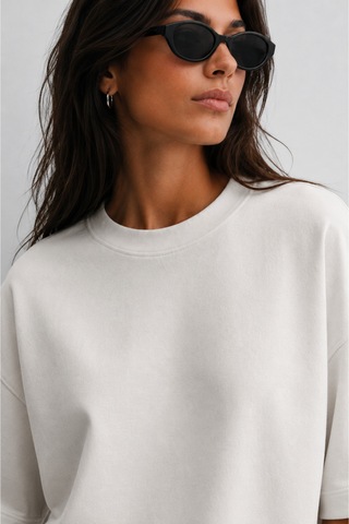 Modivibe Kadın Oversize T-shirt Kalın Dokulu %100 Pamuk Geniş Kesim Beyaz