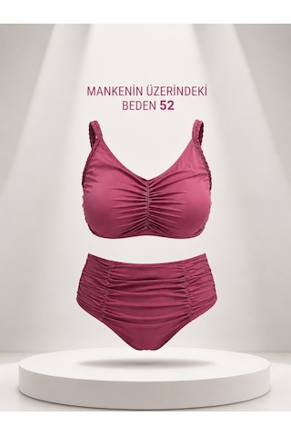 Büyük Beden Kaplı Büzgü Detaylı Sabit Pedli Siyah Bikini Takım Gülkurusu