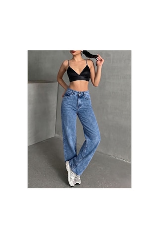 Kene Jeans Kadın Taş Yıkama Bol Paça Wide Leg Jeans Kot Pantolon Taş Yıkama