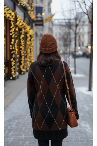 Sayzen Your Shine Kadin Baklava Argyle Desenli Kazak-elbise Sy-2517 Kahve
