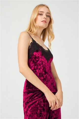 Cottonhill Vişne Dantel Detaylı Kadife Kadın Pijama Takımı VISNE