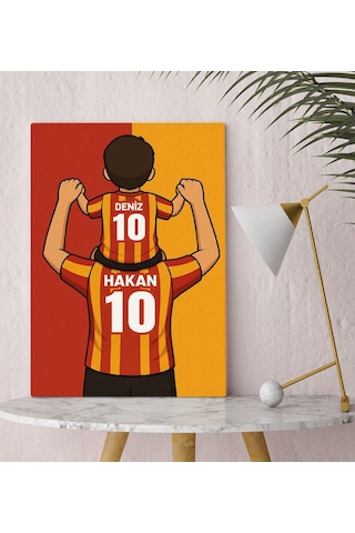 Bk Gift Kişiye Özel Baba&çocuk Sarı-kırmızı Forma Tasarımlı Kanvas Tablo, Arkadaşa Hediye, Sevgiliye Hediye, Taraftar Hediyesi 50x70cm