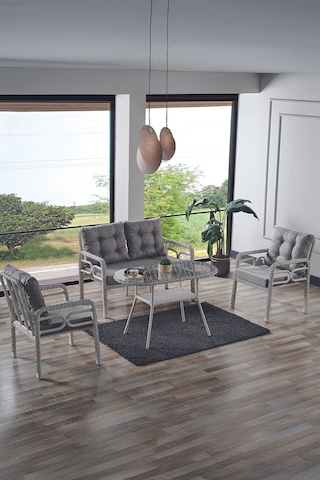 Rio Rattan Bahçe Balkon Oturma Takımı 2+1+1+camlı Masa Kemik Rengi Kemik