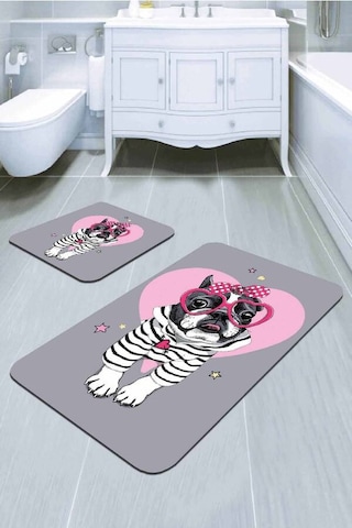 Gri Hayvan Temalı Banyo Halısı Klozet 2'li Paspas Seti Bs271n11