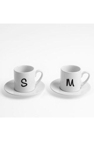 Kişiye Özel Baş Harf Tasarımlı 2'li Türk Kahvesi Fincanı Takımı Beyaz Porselen