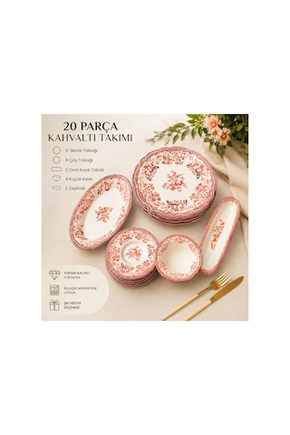 Porser Velour Maroon 20 Parça Kahvaltı Takımı , Porselen Kahvaltı Takımı Pembe