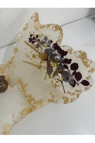 Şeffaf Epoksi Altın Varaklı Bitkili Ve Yazı Motifli Kelebek Rahle Özel Tasarım - Tek Üretim - 35x31 Cm