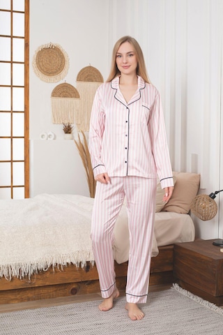 Lüks Saten Pijama Takımı Düğmeli, Cepli Ve Arabiyeli PEMBE