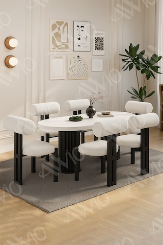 Avvio Verona Bohem Ayak 6'lı Metal Pofi Demonte Sandalye 80x160 Masa Sandalye Takımı Beyaz Masa Sandalye Siyah Kumaş Krem