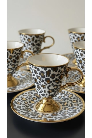 Leopar Detaylı 6 Kişilik Kahve Fincanı Takımı Kosova Leopar Desenli Porselen Fincan Takımı