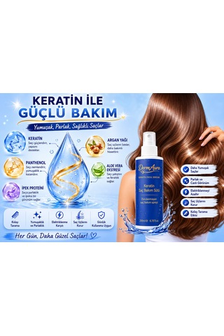 Dermaura Keratin Saç Bakım Sütü Durulanmayan Sprey 200 Ml Keratin & Panthenol Içerikli Kolay Tarama Etkili