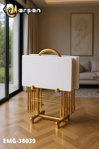 Eranş Serisi 4'lü Katlanır Mdf Mebran Ahşap Çanta Zigon Sehpa Gold Ayak Beyaz Desen Gold Ayak